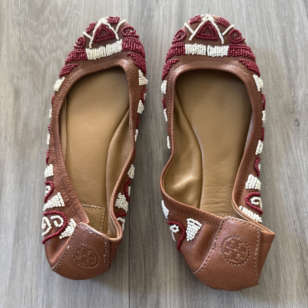 Tory Burch Beaded Brown Leather Ballet Flats with red and white embellishments 8